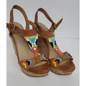 Women's ARIZONA JEAN CO Miranda Brown Cognac Beaded Wedge Heel Shoes Size 8.5 M